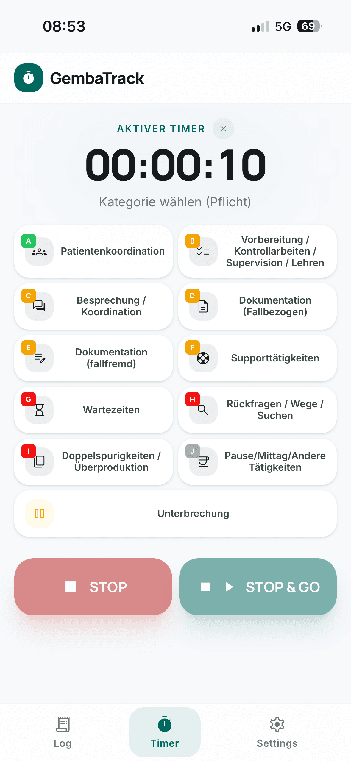 GembaTrack Timer-Ansicht zur mobilen Tätigkeitserfassung